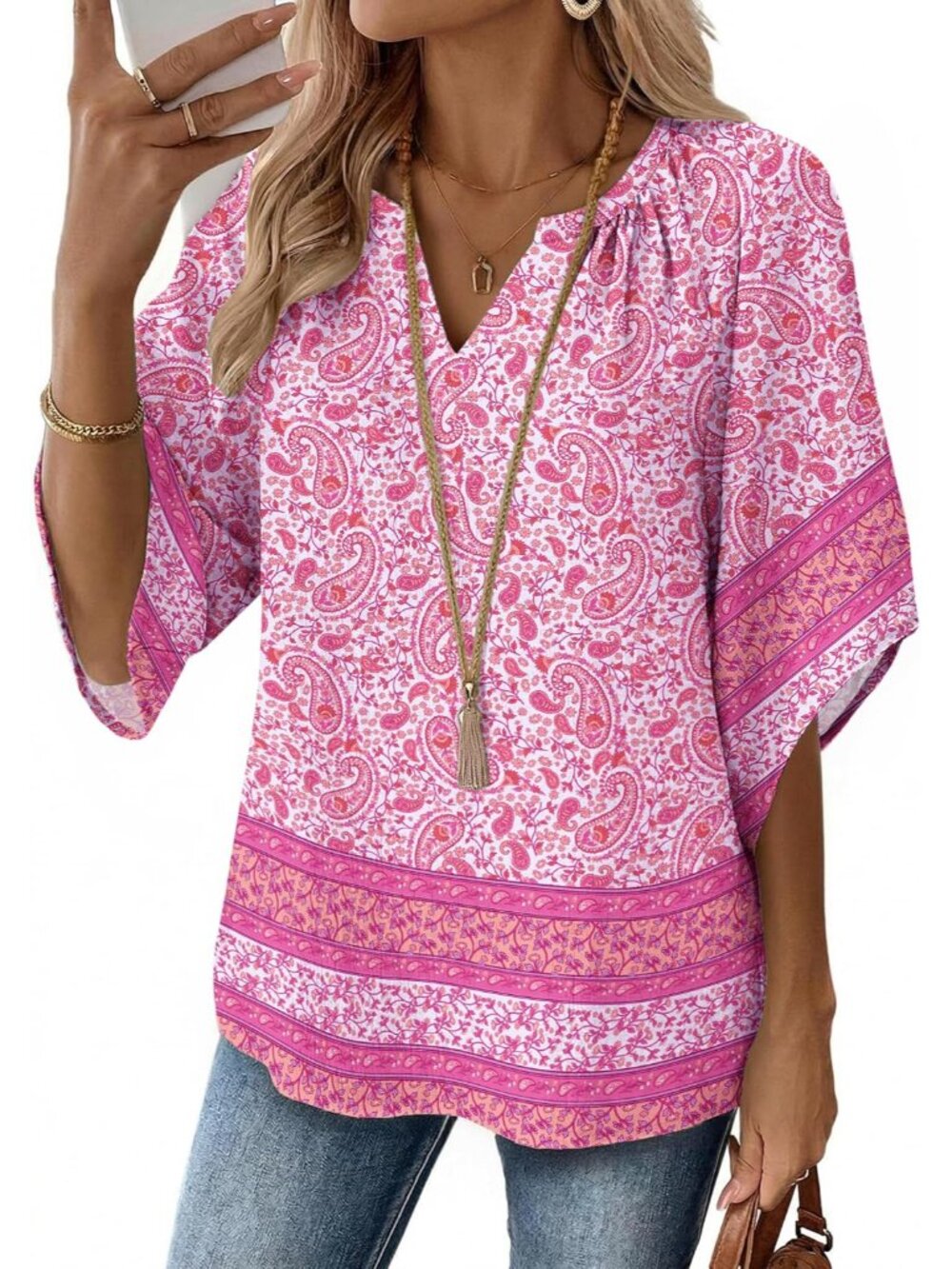 Womens Tops 3/4 Sleeve V Neck Bohemian Blouses Casual Tunic